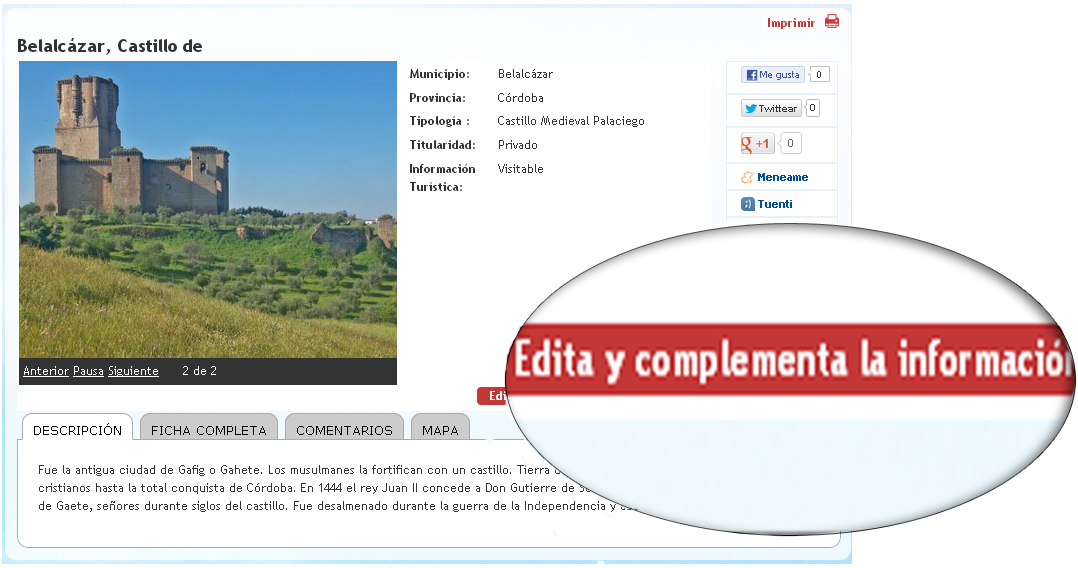 Ficha del castillo donde se destaca el botón edita y complenta la información